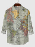 Mercator Projection Green Colorful World Map Printing Men's Long Sleeve Shirt