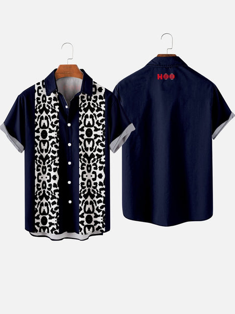 HOO Herren-Kurzarmhemd mit Leopardenstreifen und blauen Nähten der 1960er Jahre