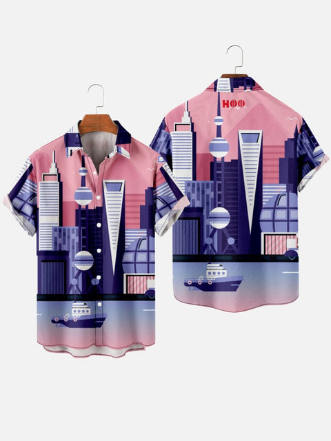 Vollbedrucktes Herren-Kurzarmhemd mit Shanghai-Stadtdruck