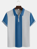 Vintage White And Blue Stripes Stitching Printing Lapel Short Sleeve Polo