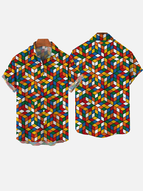 Op Art Abstract Design 80’s Rubiks Cube Printing Short Sleeve Shirt
