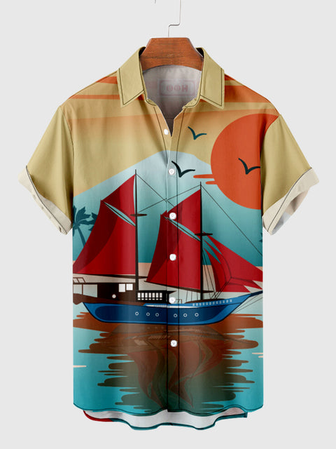 HOO Sailing at Sunset Printing Chemise hawaïenne à manches courtes pour homme
