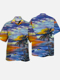 Eye-Catching Beautiful Coastal Scenery Clouds, Waves And Coconut Trees Printing Cuban Collar Hawaiian Short Sleeve Shirt