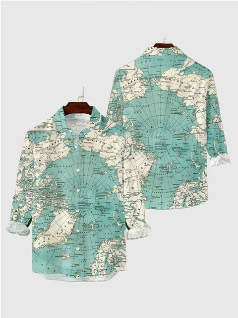 Vintage Map Printed North Pole Map Arctic Ocean Printing Men's Long Sleeve Shirt