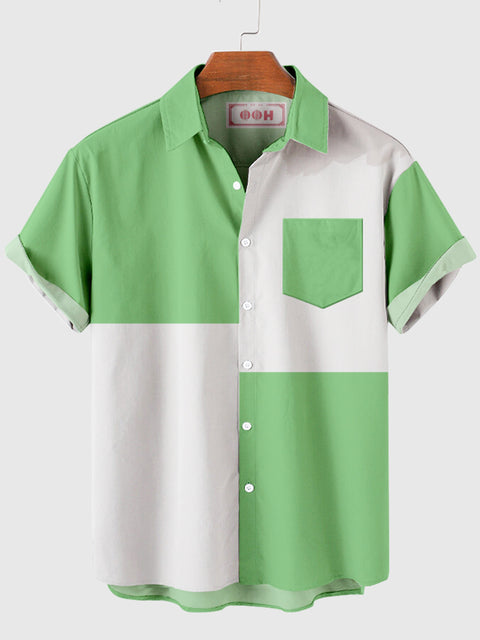 HOO Green & White Colour Block Design Men's Short Sleeve Shirt