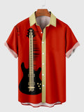 Gold Trim Red and Guitar Printing Men's Short Sleeve Shirt