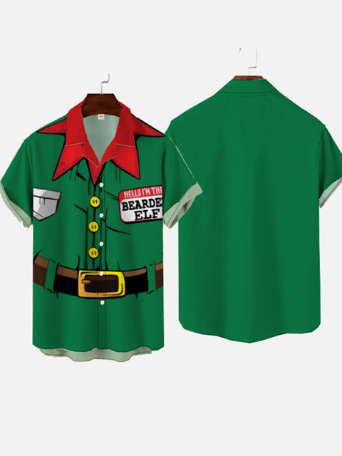 Hello I'm The Bearde Elf Christmas Elements Green Santa Dress Up Printing Cuban Collar Men's Short Sleeve Shirt