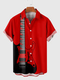 Red Musical Bass Guitar Printing Men's Short Sleeve Shirt