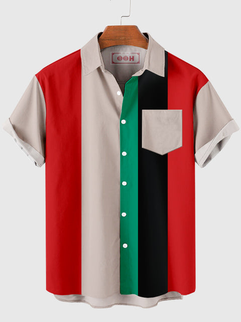 HOO Rot &amp; Schwarz &amp; Grün kontrastierendes Farbdesign Kurzarmhemd für Herren