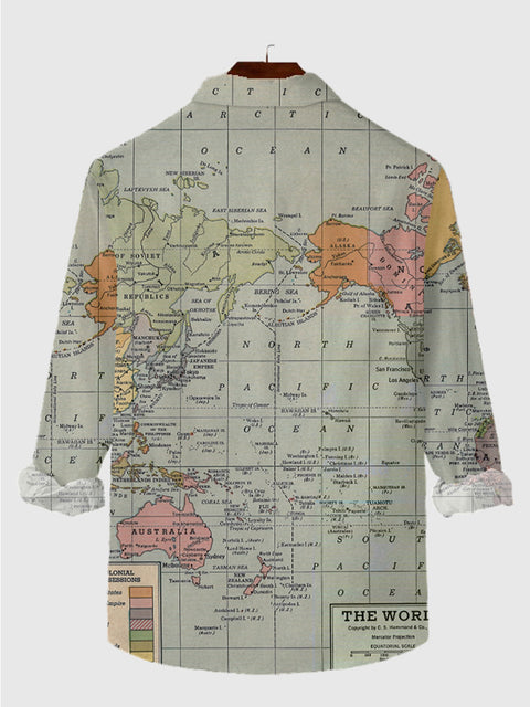 Mercator Projection Green World Map Printing Men's Long Sleeve Shirt