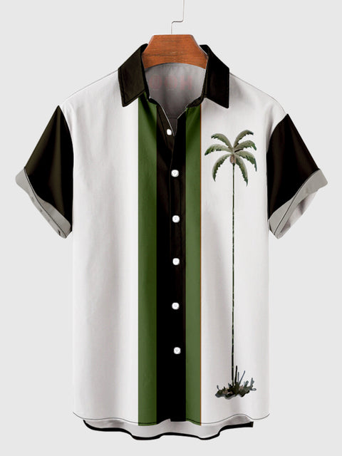 50s Green & White Stitching Coconut Tree Printing Men's Short Sleeve Shirt