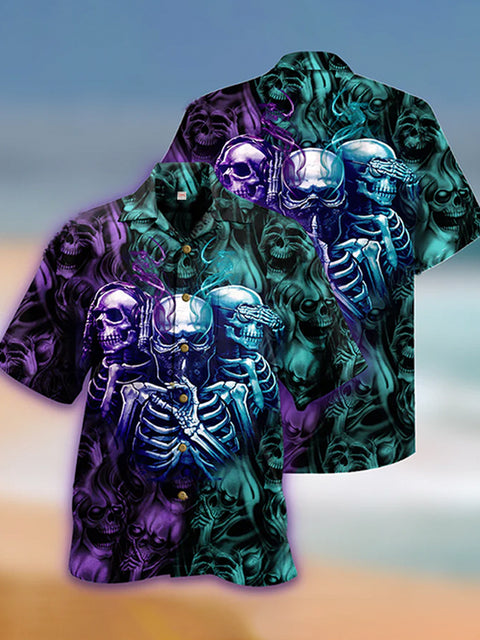 Eye-Catching Amazing Style Gradient Twisted Stacked Skulls Printing Cuban Collar Hawaiian Short Sleeve Shirt