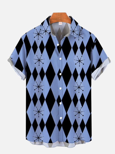 Mid Century Modern Style Vertical Stripes With Rhombuses Of Purple And Black Printing Short Sleeve Shirt