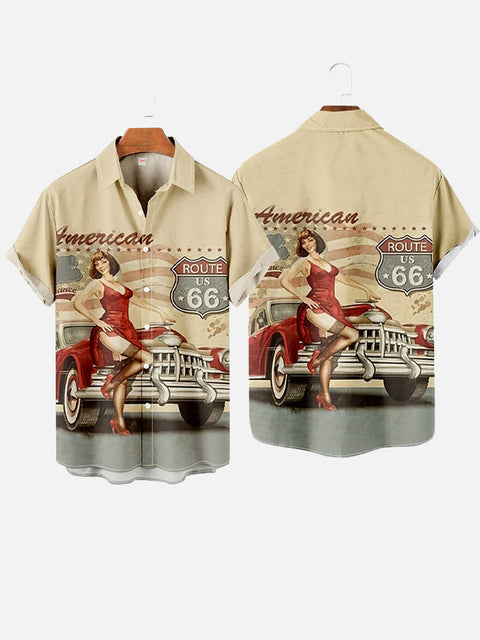 Retro Casual Pin Up Girl And Classic Car Route 66 Printing Short Sleeve Shirt