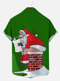 Christmas Element Green Naughty Bad Santa Printing Cuban Collar Men's Short Sleeve Shirt