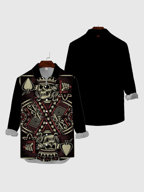 Hippie Stylish Skeleton Skull King Of Spades Death Card Printing Men's Long Sleeve Shirt