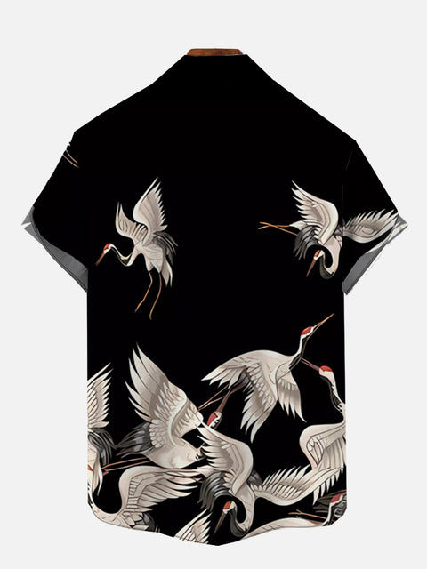 Oriental Style Black Cranes Fly Printing Short Sleeve Shirt