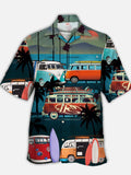 Eye-Catching Casual Vacation Little Bus Coconut Tree Print Cuban Collar Hawaiian Short Sleeve Shirt