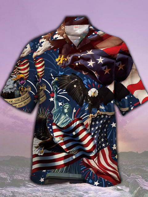 Eye-catching American Flag Statue Of Liberty Eagle Printing Cuban Collar Hawaiian Short Sleeve Shirt