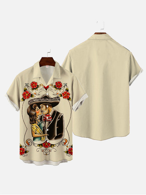 Valentine's Day Mexican Couples Art Painting Printing Cuban Collar Short Sleeve Shirt
