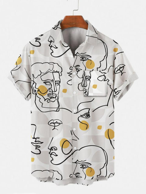 Chemise à manches courtes pour hommes avec dessin au trait abstrait et visage imprimé