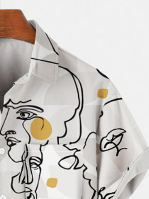 Abstract Line Drawing Face Printed Men's Short Sleeve Shirt