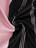 Vintage Pink Black Stripes Graphic Geometric Pattern Printing Zipper Spread Collar Short Sleeve Polo