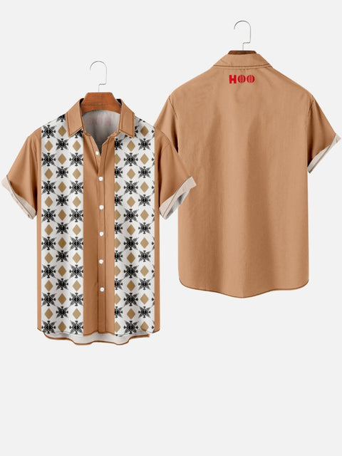 1960s Tribal Printing and Khaki Stitching Men's Short Sleeve Shirt