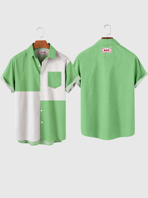 HOO Green & White Colour Block Design Men's Short Sleeve Shirt