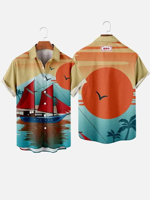 HOO Sailing at Sunset Printing Chemise hawaïenne à manches courtes pour homme