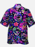 Eye-Catching Psychedelic Hippie Colorful Tiny Skull Printing Cuban Collar Hawaiian Short Sleeve Shirt