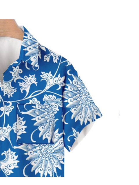 Chemise à manches courtes à imprimé chrysanthème en porcelaine bleue et blanche
