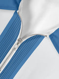 Vintage White And Blue Stripes Stitching Printing Lapel Short Sleeve Polo