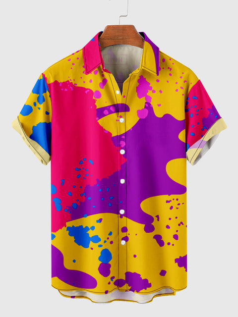 Tie-dye Colorful Ink Spill Printing Men's Short Sleeve Shirt
