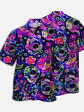 Eye-Catching Psychedelic Hippie Colorful Tiny Skull Printing Cuban Collar Hawaiian Short Sleeve Shirt