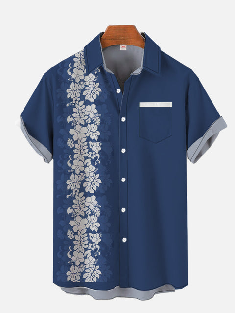 Blue Tropical Floral Print Breast Pocket Polyester Casual Short Sleeve Shirt