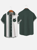 SeaGreen And White Stitching Black Cat Breast Pocket Printing Short Sleeve Shirt