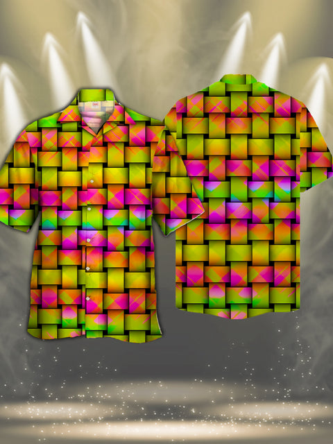 Eye-Catching Colorful Rainbow Retro Plaid Decorated Patchwork Printing Cuban Collar Hawaiian Short Sleeve Shirt