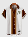 50s Brown & White Stitching Coconut Tree Printing Men's Short Sleeve Shirt