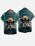 Vintage Nautical Octopus Listen Music Printing Hawaiian Short Sleeve Shirt