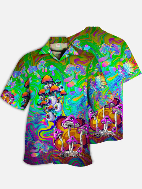 Eye-Catching Psychedelic Colorful Hippie Mushroom Printing Cuban Collar Hawaiian Short Sleeve Shirt