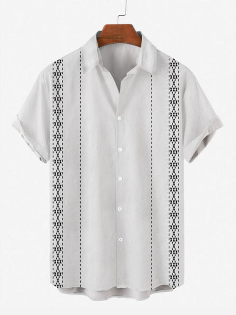 Vintage Pattern Stripe Turndown Collar Button Down Men's Short Sleeve Shirt