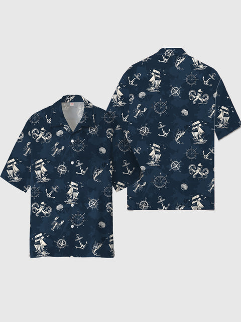 Full-Print Navy Nautical And Marine Elements Printing Cuban Collar Men's Short Sleeve Shirt