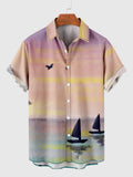 Oil Painting Style Sailboat under the Sunset Printing Men's Short Sleeve Shirt