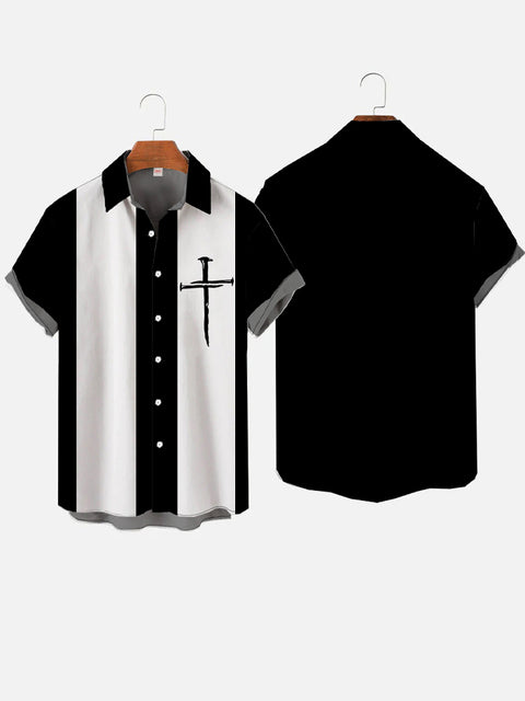 50s Black And White Stripe Cross Of Easter Printing Men's Short Sleeve Shirt