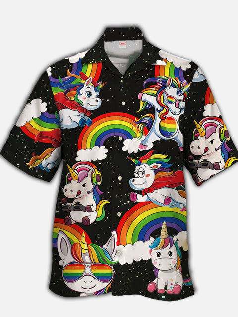 Eye-Catching Hippie Starry Rainbow Flying Playful Unicorn Printing Cuban Collar Hawaiian Short Sleeve Shirt