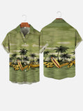 Vintage Palm Trees Silhouette Panoramic Beach Green Tribal Hawaiian Fashion Short Sleeve Shirt