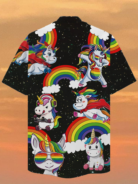 Eye-Catching Hippie Starry Rainbow Flying Playful Unicorn Printing Cuban Collar Hawaiian Short Sleeve Shirt
