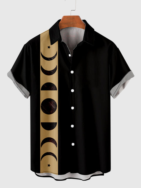 Vintage Schwarz &amp; Khaki Stitching Lunar Eclipse Printing Herren Kurzarmhemd