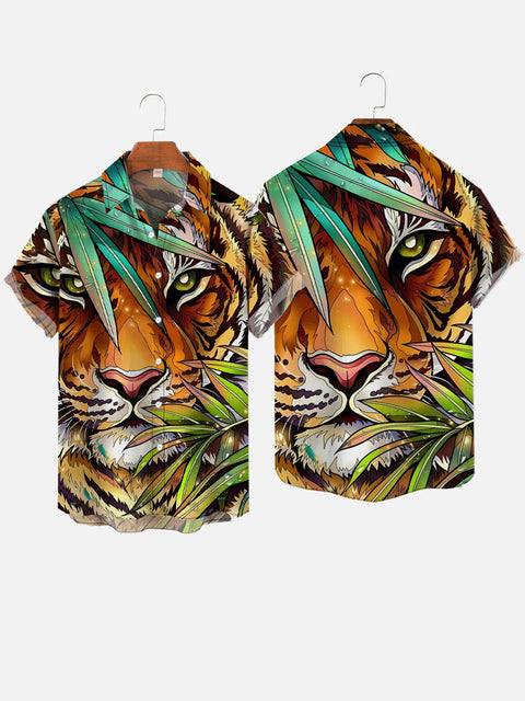 Tiger In The Jungle Exotic Tropical Printing Hawaiian Short Sleeve Shirt